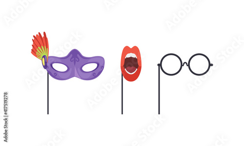 Set of Masquerade Party Costume Accessories, Venetian Mask, Round Glasses, Open Mouth with Red Lips Cartoon Vector Illustration