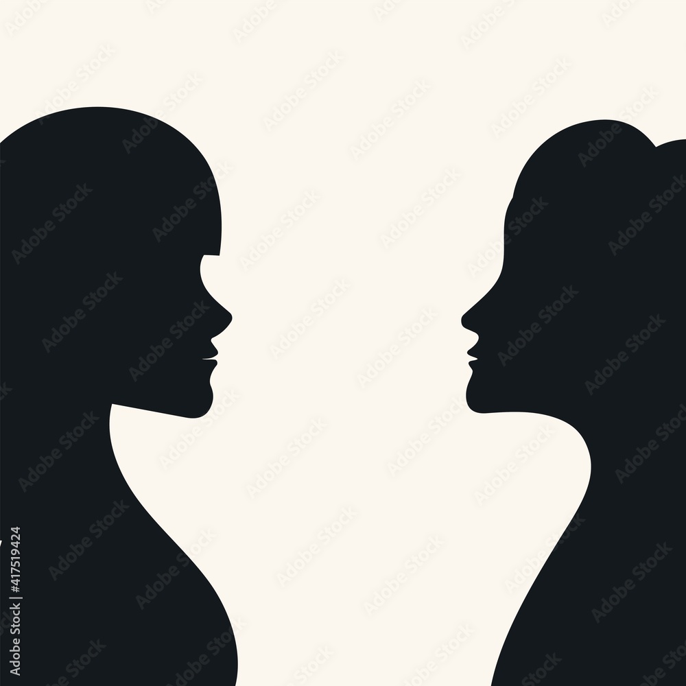 Composition, two girls, female face profile, style  minimalism, black and white, hand drawn. Packaging, wallpaper, poster, room interior decor, design for textiles, postcard, concept, clipart, vector