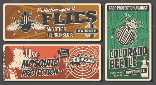 Protection from insects and pests control banners. Flies and mosquito, colorado beetle on garden plants vector. Aerosol spray with pesticide or insecticide for protection against insects poster photo