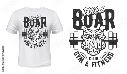 Boar print t-shirt mockup, gym fitness sport club, vector icon. Wild boar hog or warthog with claws and barbell weight, gym fitness, bodybuilding and weightlifting sport club symbol for t shirt print