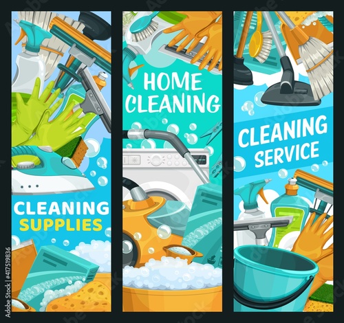 House cleaning service, home cleaners supplies, household housework and laundry, vector banners. House cleaning bucket and brush, laundry washing detergent, vacuum cleaner and soap water bubbles