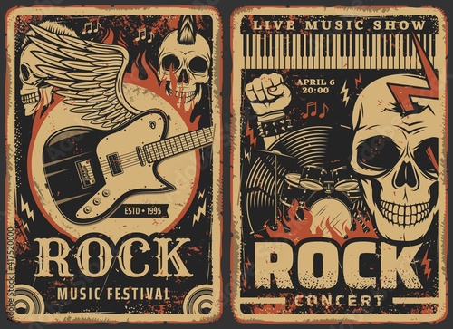 Rock music posters, concert or band fest and live music show festival, vector. Hard rock music concert grunge retro posters with skeleton skull, electric guitar on wings, rocker fist and drums in fire