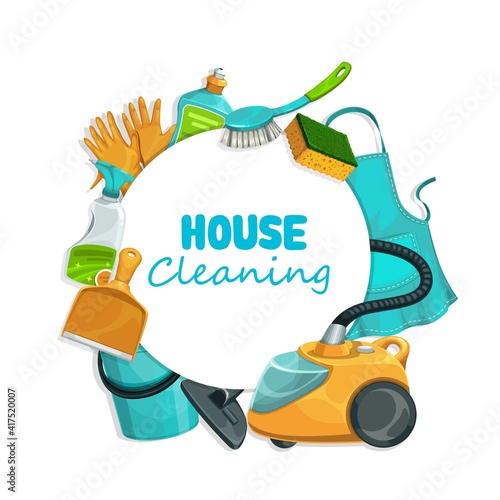 House cleaning tools, equipment and detergent vector design. Vacuum cleaner, brush and bucket, dust tray, sponge, apron and gloves, bottles of window cleaning spray and dish wash liquid soap