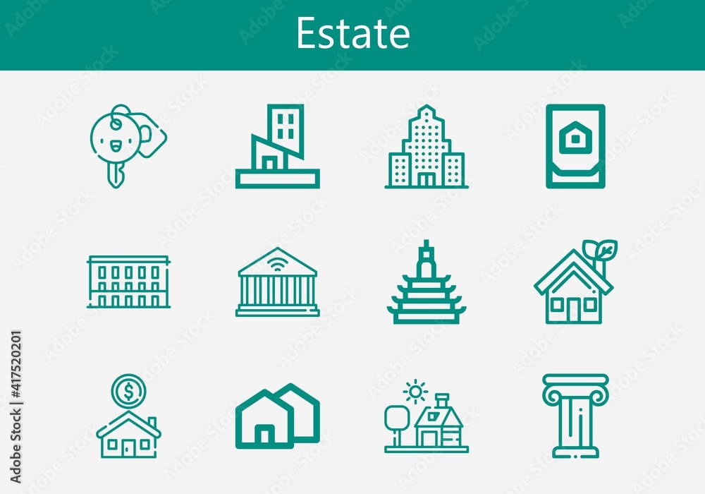 Premium set of estate line icons. Simple estate icon pack. Stroke vector illustration on a white background. Modern outline style icons collection of Building, Hotel key, Architecture