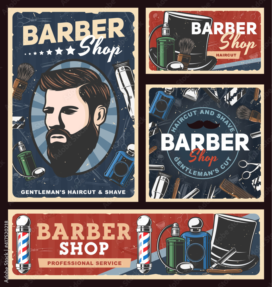Barbershop retro posters with vector barber shop poles, man hair and beard  hairdresser razors, scissors and shaving blades. Haircut salon chair,  brush, shaver and trim clipper, moustache comb, perfume Stock Vector |