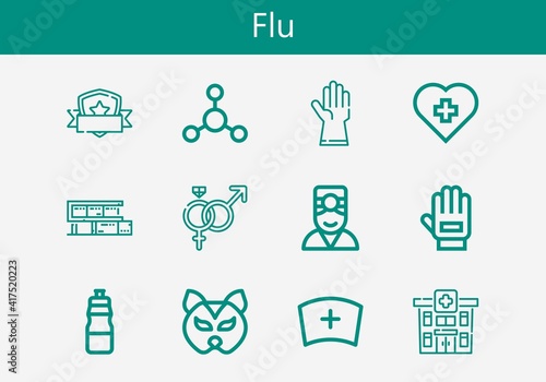 Premium set of flu line icons. Simple flu icon pack. Stroke vector illustration on a white background. Modern outline style icons collection of Glove, Shield, Gloves, Bottle photo