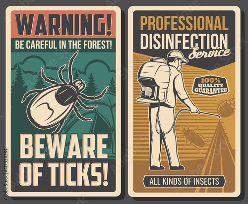 Disinfection service and tick bite prevention banners. Pest control exterminator in mask spraying insecticide on insects, tick on camping site vector. Parasite insects danger warning plate or poster