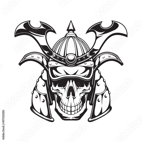 Samurai warrior skull tattoo or Japanese mask and Japan ninja in helmet, vector icon. Japanese samurai warrior skull head with ronin armor sword, kamikaze army shogun demon, fight club t-shirt print