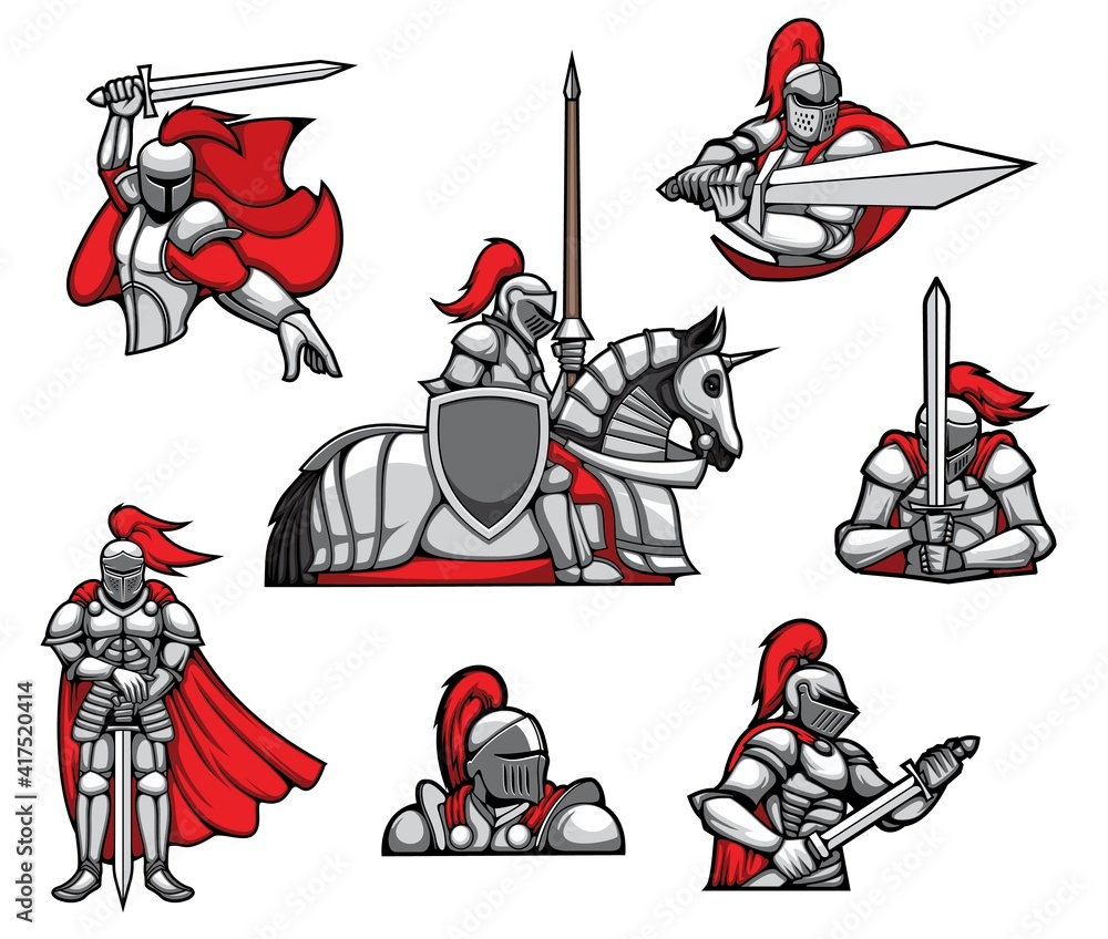 Vettoriale Stock Medieval knights warrior mascots, heraldry characters