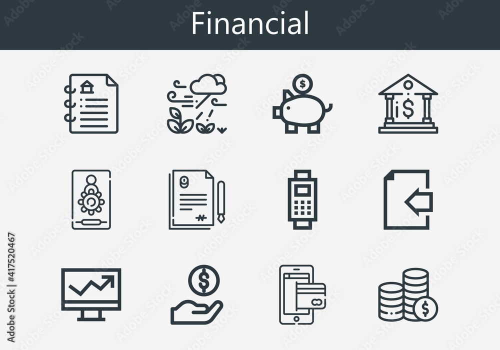 Premium set of financial line icons. Simple financial icon pack. Stroke vector illustration on a white background. Modern outline style icons collection of Payment Premium set of financial line icons. Simple financial icon pack. Stroke vector illustration on a white background. Modern outline style icons collection of Payment
