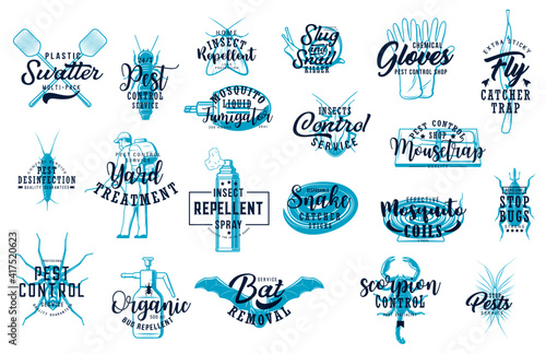 Deratization and home disinfection engraved icons. Pest control service, insects repellent and mosquito fumigator, rodent and scorpion removal, home and yard disinfection vector emblems with lettering