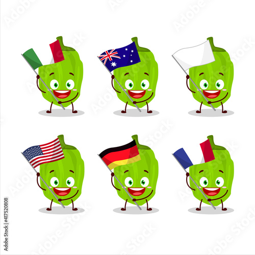 Green habanero cartoon character bring the flags of various countries