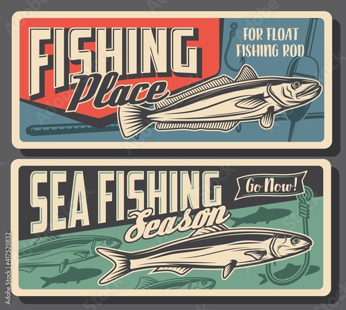 Hake and sardine fishing. Sea and ocean pilchard and hake fish fresh catch, rod with float or bobber and hook vector. Sport and hobby fishing club season opening retro banner
