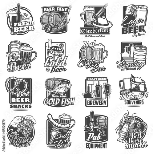 Craft beer brewery and festivals sketch icons set. Oktoberfest beverages and snacks, local brewing pub or bar equipment emblems. Tankard and wooden barrel, beer bottle and hop, barley engraved vector