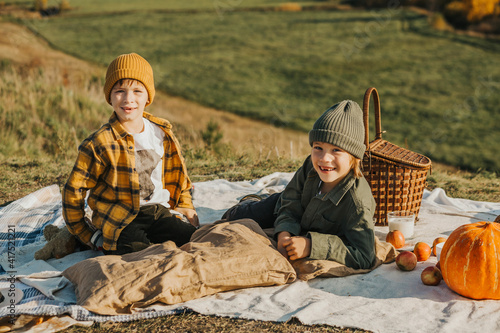 two boys on a picnic. brothers have fun, play lying on a blanket on the grass in nature. 