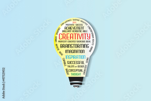 Light bulb shape group of meaning words about creativity logo icon vector isolated in light blue background template