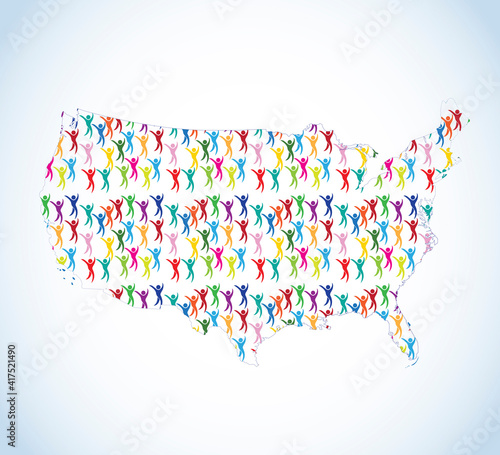 Unity diversity colorful people inside of USA map icon vector image design