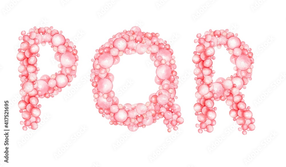 Pink letters, an alphabet made from bubbles, balloons.  Children's design, for holidays, parties, weddings, prints, invitations, cards, baby shower
