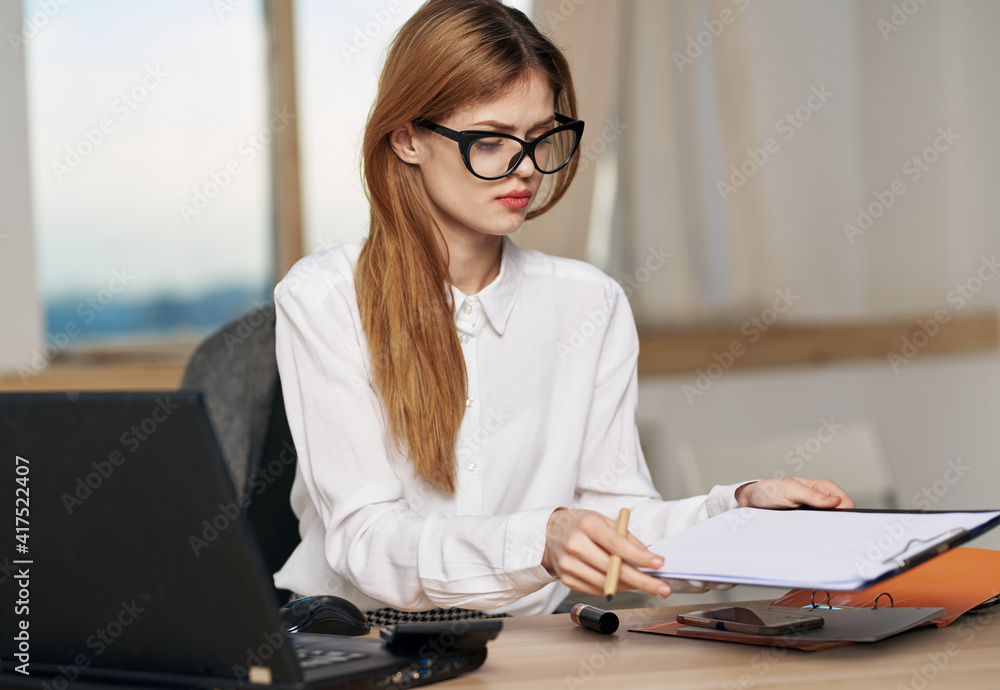 woman secretary in white shirt work desk laptop work emotions woman secretary in white shirt work desk laptop work emotions
