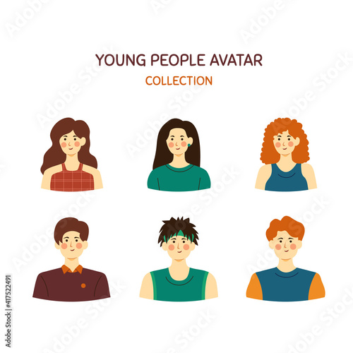 Hand drawn young people avatar pack, different male and female