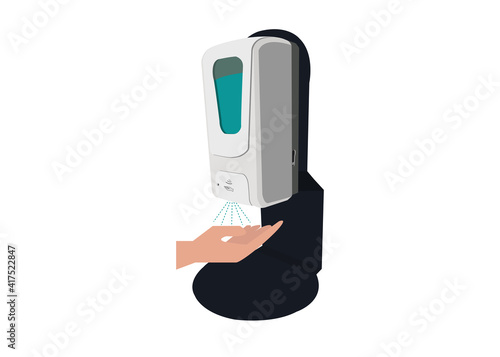 Hand with automatic alcohol dispenser for cleaning hand vector illustration.