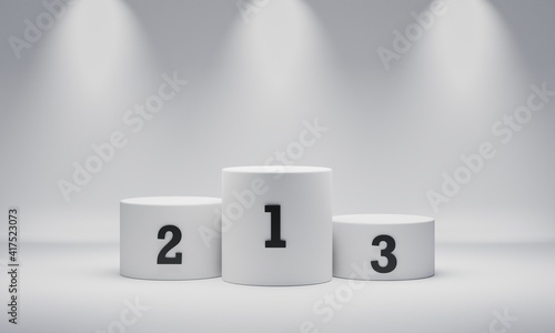 White round cylinder winner podium on spotlight background with number place. Abstract minimal geometry concept. Studio platform. Exhibition and presentation stage. 3D illustration render graphic © Shutter2U
