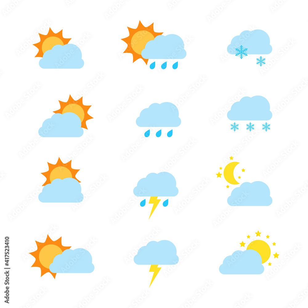 Weather forecast icons include,rainy season,rainstorm, thunder,lightning, winter,snowing, cold weather, summer,rising sun,clear weather,hot weather,spring, night,moon,stars. Vector illustration