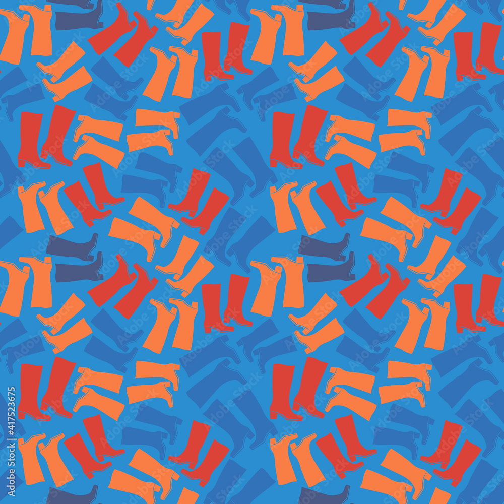 Seamless texture, pattern on a square background - shoes of different colors. Rubber or leather boots. Illustration Seamless texture, pattern on a square background - shoes of different colors. Rubber or leather boots. Illustration