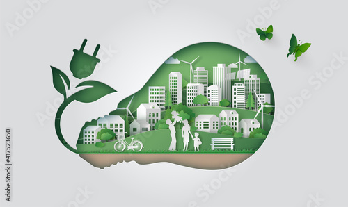 Eco Green City with Electric Energy Lightbulb Concept