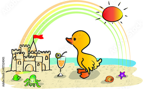 vector cartoon duck sand castle rainbow sun in summer