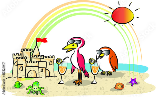 vector cartoon bird sand castle rainbow sun in summer
