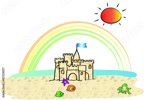 vector cartoon sand castle rainbow sun in summer