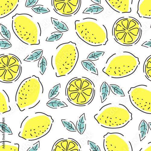 Fresh lemons seamless pattern. Contour style. Hand-drawn vector background.