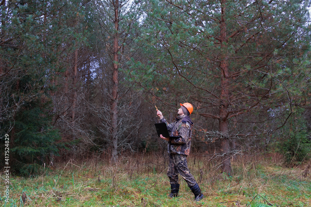Forest engineer works in the forest with a computer. Voluntary forest certification concept. Observing the development of the forest. Forest engineer works in the forest with a computer. Voluntary forest certification concept. Observing the development of the forest.