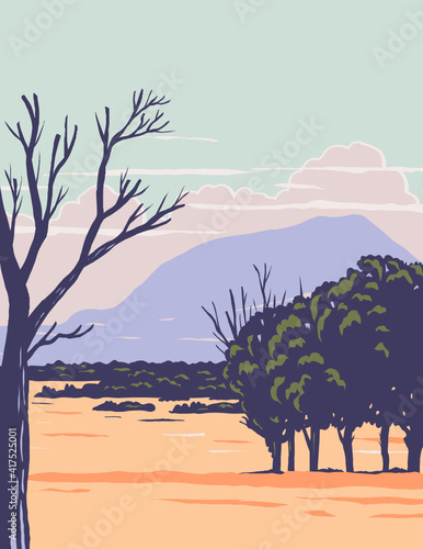 WPA poster art of Capulin Volcano National Monument with extinct cinder cone volcano part of Raton-Clayton Volcanic Field in New Mexico in works project administration or Federal Art Project style.