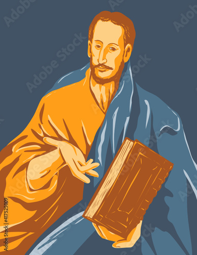 WPA Poster Art Interpretation of the artwork of 16th century Spanish Renaissance artist, El Greco entitled, Saint James the Minor or the Less circa 1609 done in Works Project Administration Style.