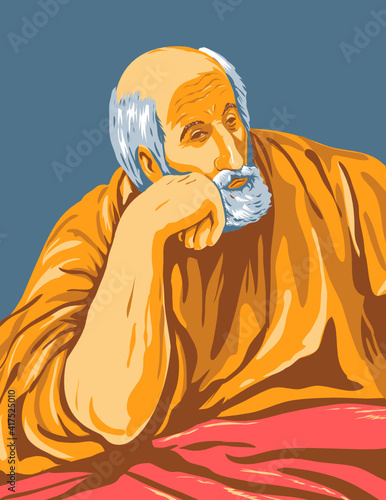 WPA Poster Art Interpretation of the artwork of 16th century Spanish Renaissance artist, El Greco entitled, Saint Joseph circa 1600 done in Works Project Administration Style.