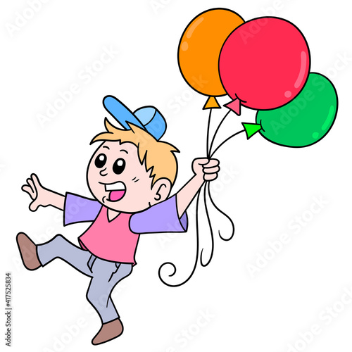 the boy walking with lots of colorful balloons, doodle icon image kawaii