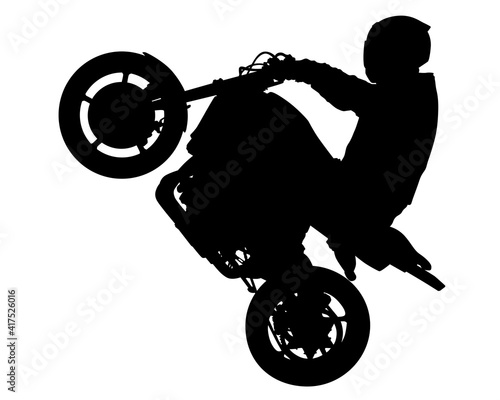 Retro motorcycle rides on road. Isolated object on white background