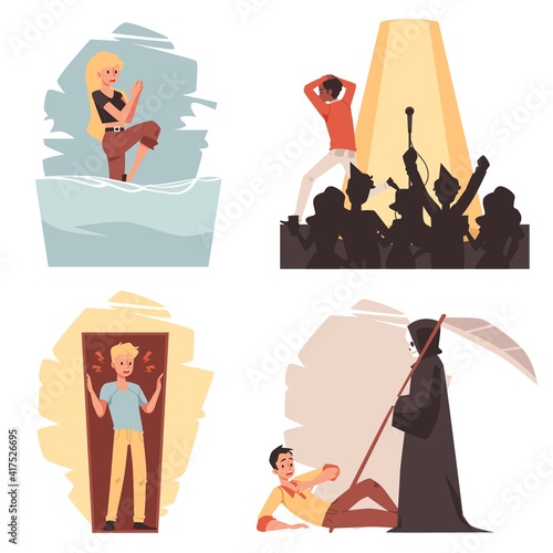 Scared men and women with expression panic fear on face in stress situations.