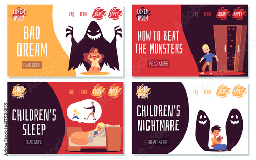 Bad dreams, fears and nightmares scare children in bed at night.