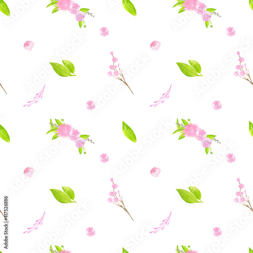 Watercolor seamless pattern of delicate flowers, greenery, willow on a white background Spring Easter floral print