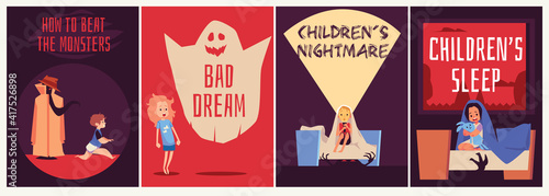 Set banners dedicated to kids nightmares and fears, flat vector illustration.