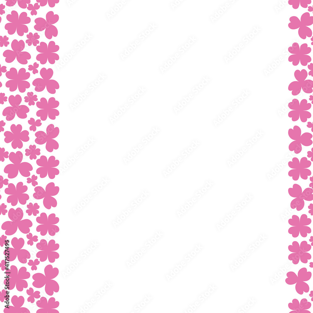 Clover. Pink plant. Seamless vertical border. Trefoil and four-leafed. Repeating vector pattern. Saint Patrick Day. A leaf that brings good luck. Isolated colorless background. Flat style. 
