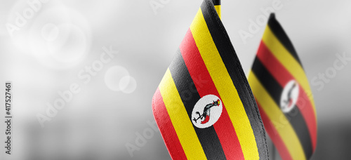 Small national flags of the Uganda on a light blurry background