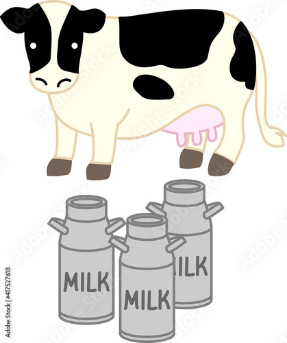 シンプルな乳牛と牛乳缶のイラスト