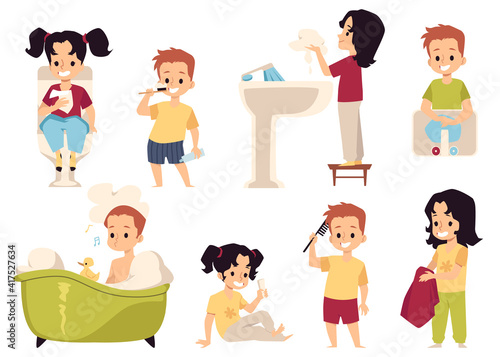 Hygiene in bathroom for kids girls and boys a vector isolated illustrations.