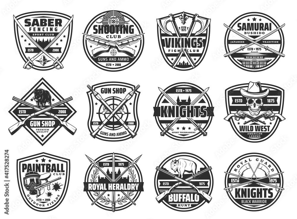 Obraz premium Weapon vector badges with heraldic icons of medieval knight sword and saber, hunting rifle, shotgun and crossbow. Ancient samurai katanas, viking battle axes, Wild West revolvers and paintball guns