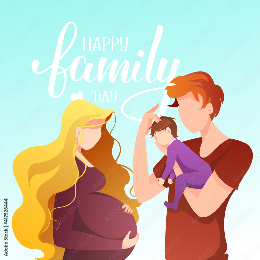 Happy Family Day greeting card. Young family with newborn baby. Pregnant woman. Calligraphy and hand drawn lettering. Square vector illustration for card, postcard, poster, banner. Happy Family Day greeting card. Young family with newborn baby. Pregnant woman. Calligraphy and hand drawn lettering. Square vector illustration for card, postcard, poster, banner.