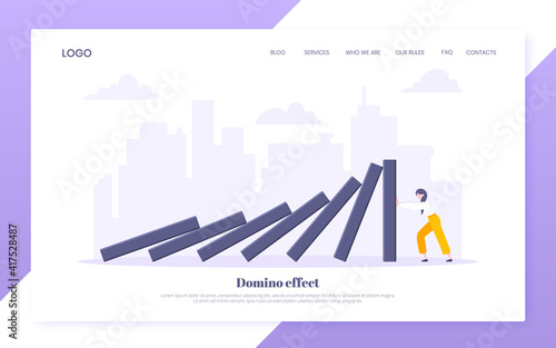 Domino effect business resilience metaphor vector illustration concept. Adult young businesswoman pushing falling domino line business concept of problem solving and stopping domino chain reaction.